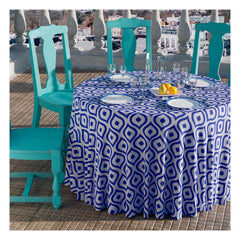 A printed table overlay in a deep blue