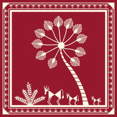 A backdrop of a Warli Painting in a Tree print.