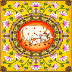 Pichwai cow backdrop in a floral surrounding