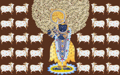 A Shreenathji backdrop with Pichwai cows