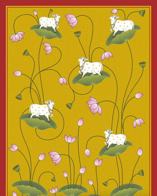 Pichwai cow and lotus backdrop by Event Fabric Supplier