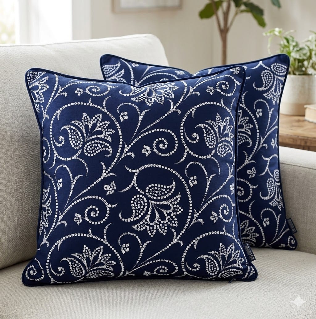 Blue Vine Cushion Cover With Piping