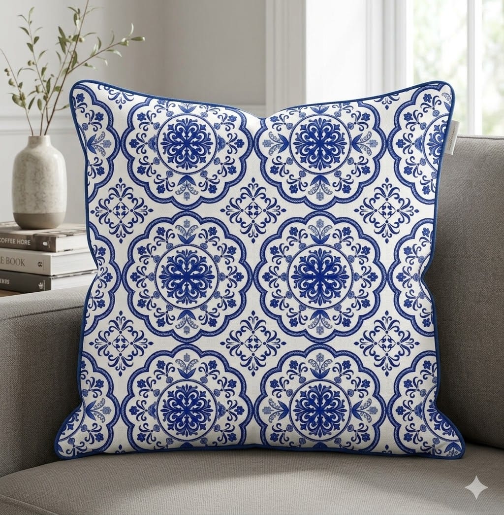 Azure Mosaic Cushion Cover With piping
