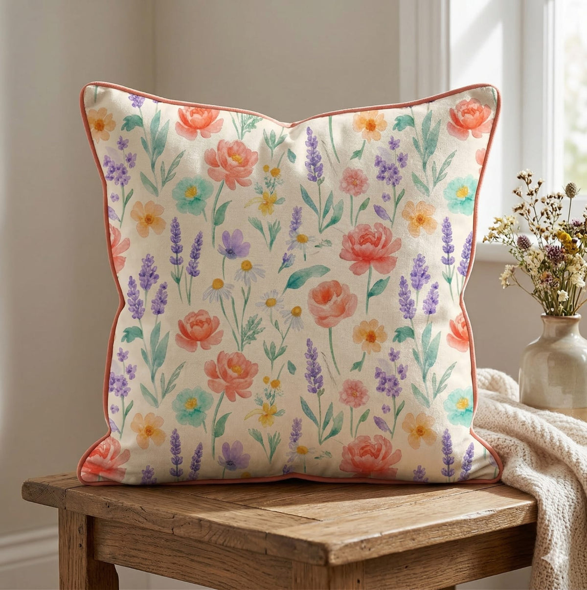Blush Meadow Cushion Cover With Piping