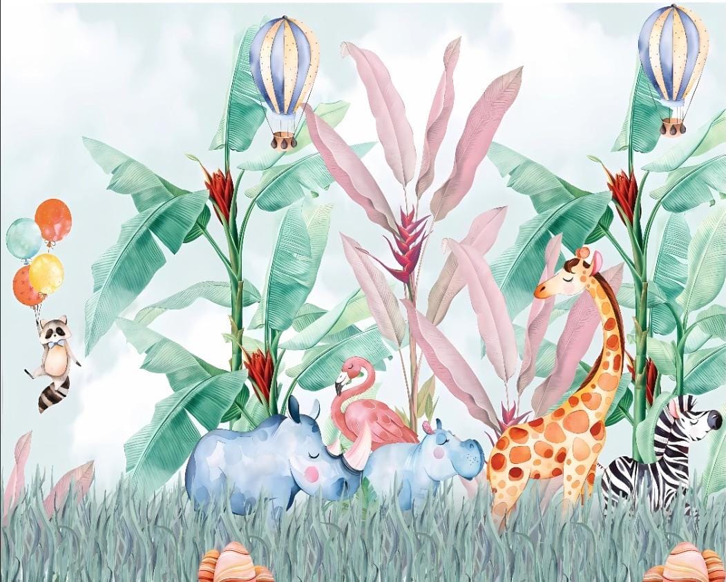 Whimsical Watercolor Jungle Safari Animals Backdrop