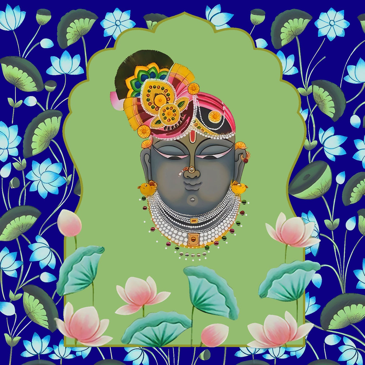 Divine Shrinathji Mukhravind Blue & Green Pichwai Backdrop
