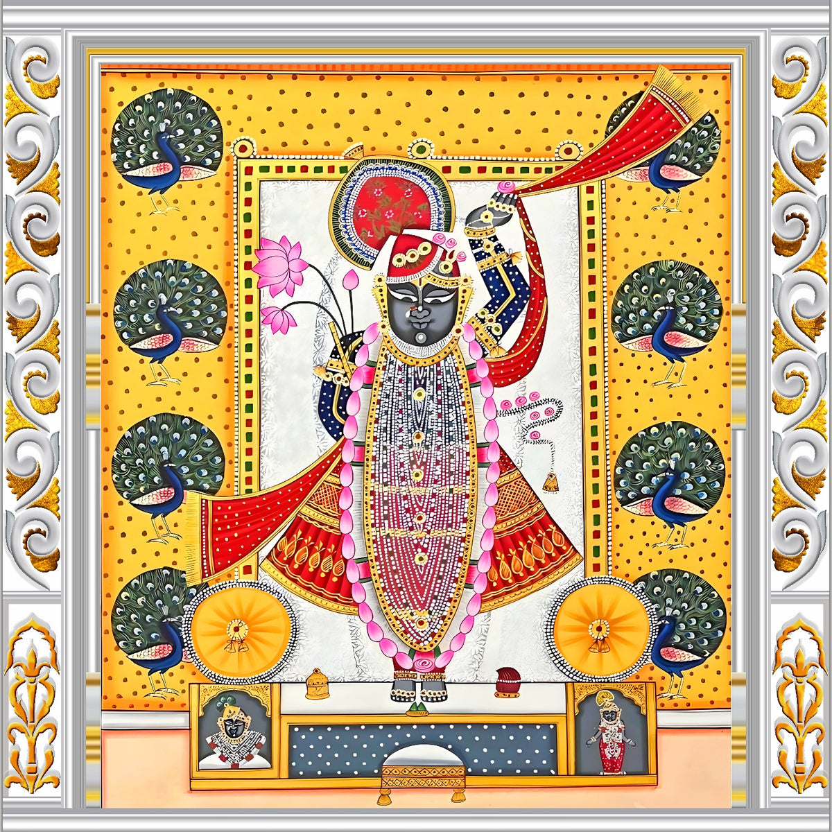 Sacred Shrinathji Peacock Frame Yellow Pichwai Backdrop