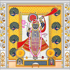 Sacred Shrinathji Peacock Frame Yellow Pichwai Backdrop