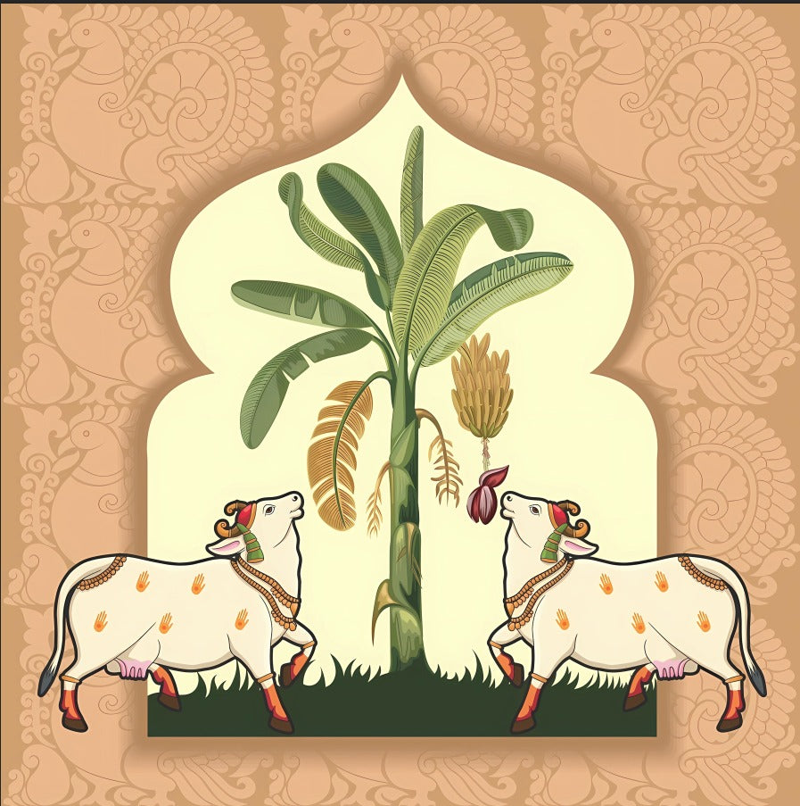 Sacred Kamadhenu & Banana Tree Arch Pichwai Backdrop