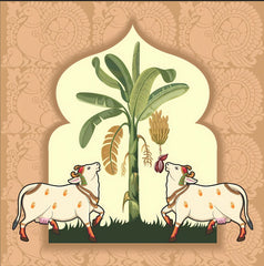 Sacred Kamadhenu & Banana Tree Arch Pichwai Backdrop