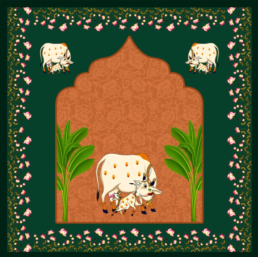 Calf Emerald Lotus Frame Pichwai Backdrop