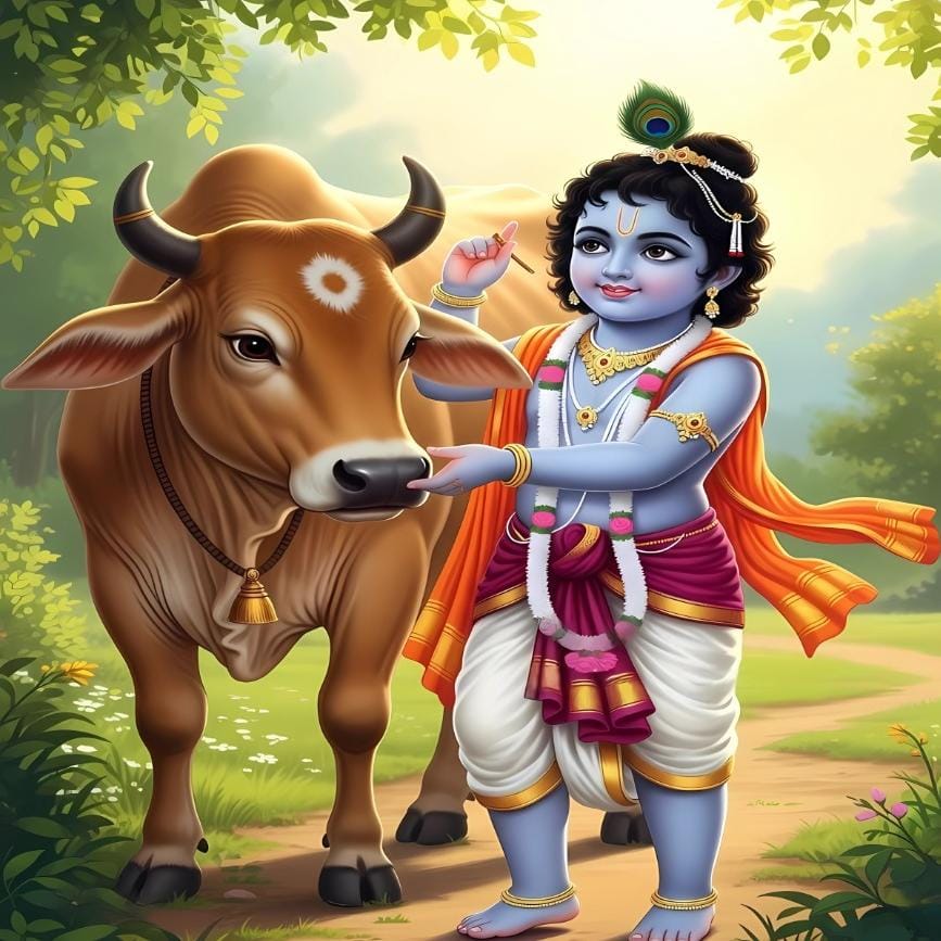 Divine Little Krishna & Sacred Cow Vrindavan Forest Backdrop