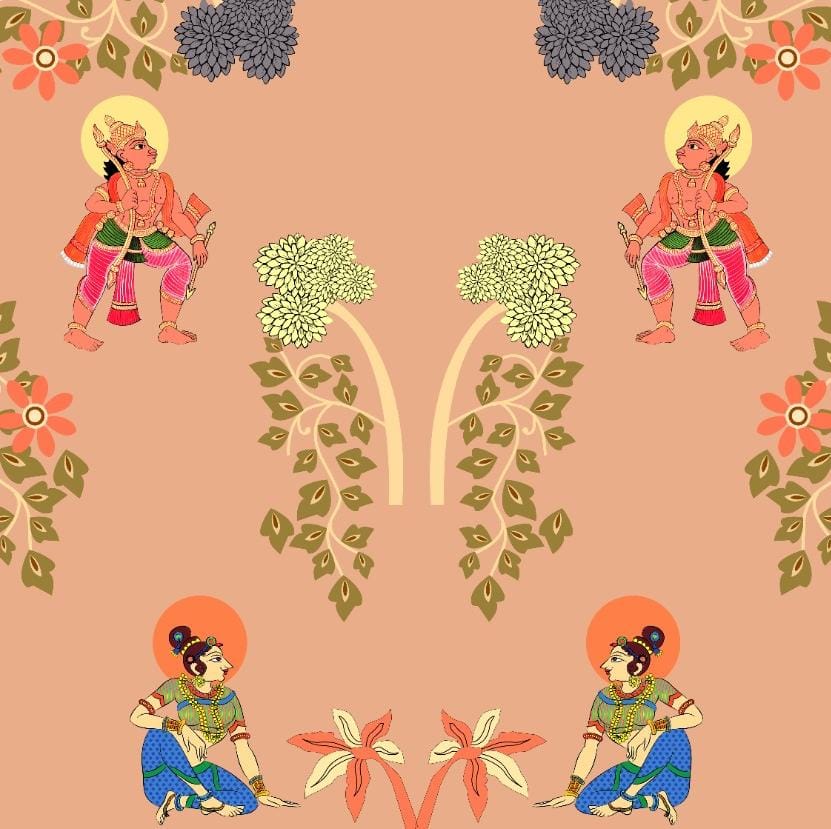 Divine Ramayana Saffron Folk Art Backdrop