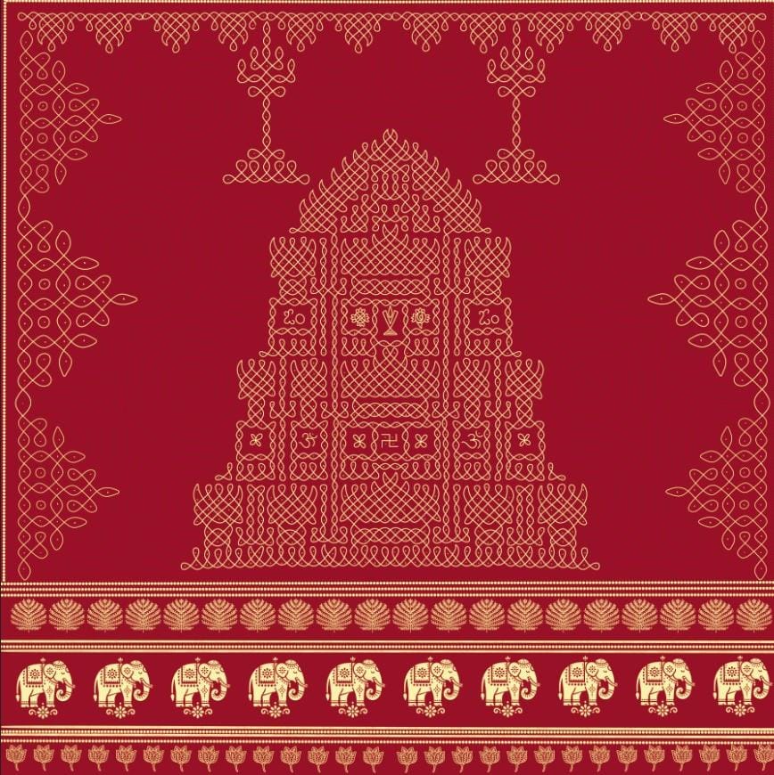Crimson Sikku Kolam Temple Backdrop