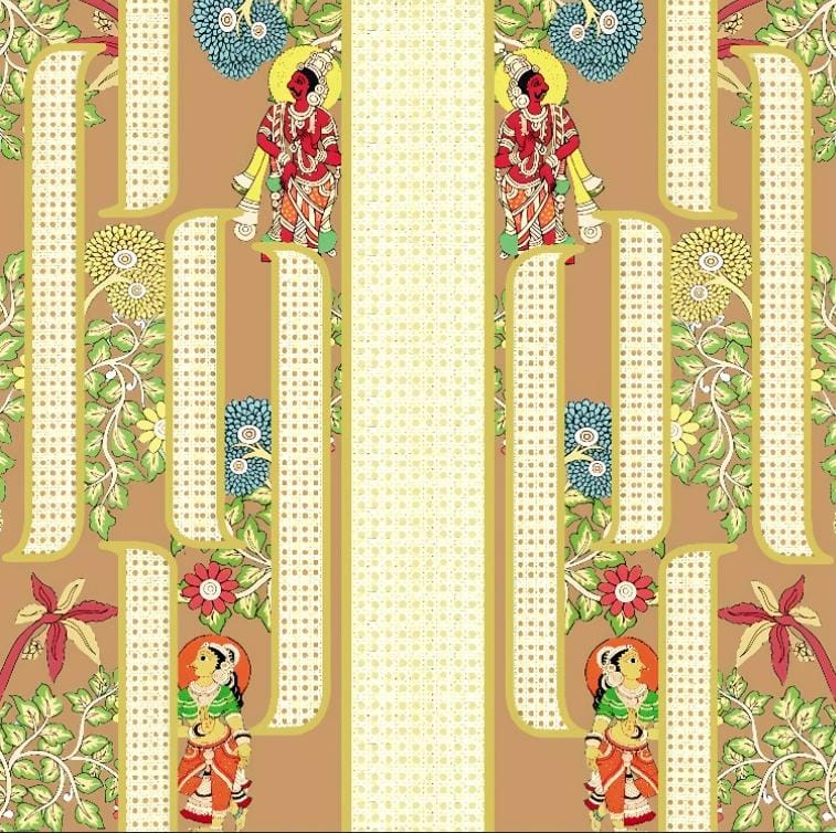 Earthen Ochre Mythological Folk Mural & Lattice Backdrop