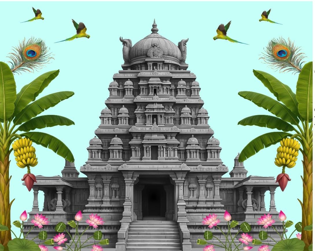 Sacred Stone Mandir & Sky-Blue Paradise Backdrop