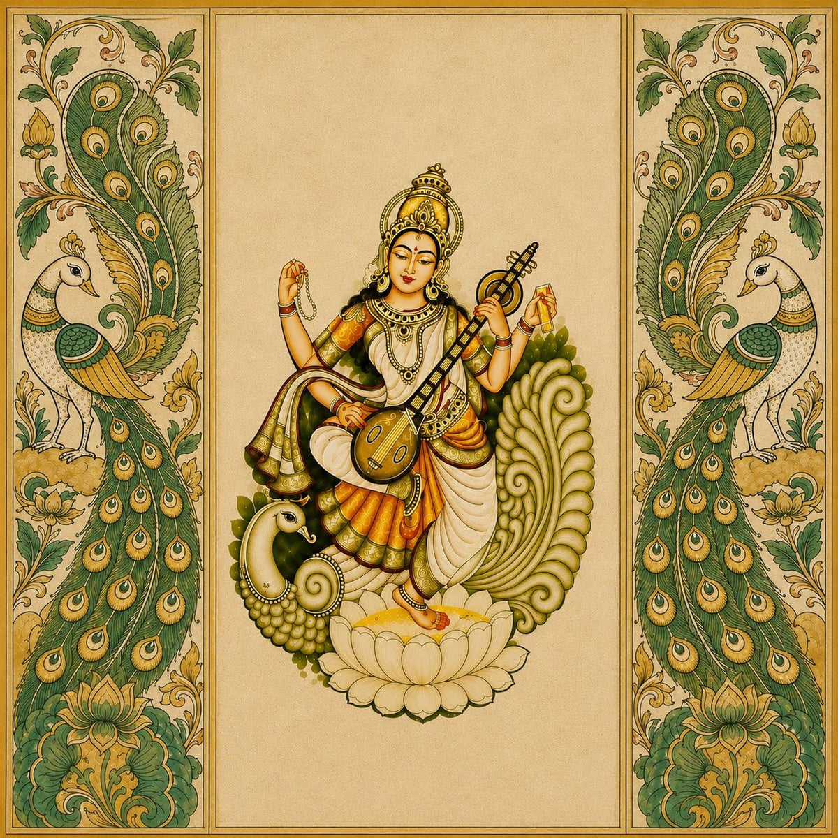 Divine Goddess Saraswati & Peacock Kalamkari Heritage Backdrop