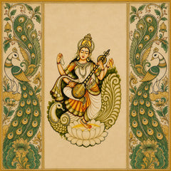 Divine Goddess Saraswati & Peacock Kalamkari Heritage Backdrop