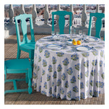 A tablecloth in a yard blue floral print