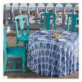A Mirage table cloth in a shades of blue-white