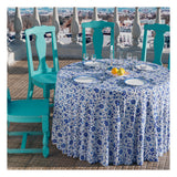 A table cloth in a floral design and leafy details
