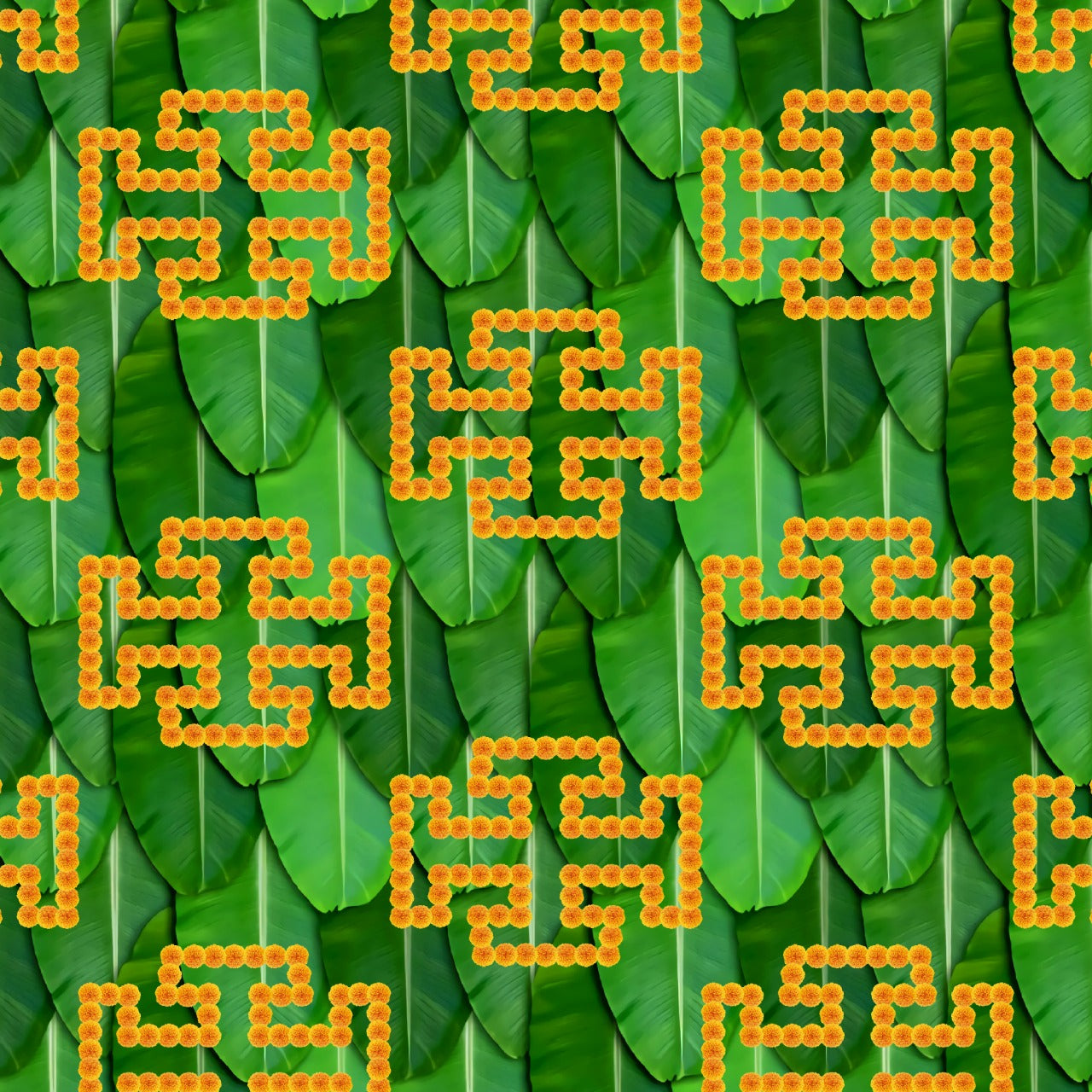 South Indian Backdrop: Texture of Banana leaf with angular pattern of Flowers