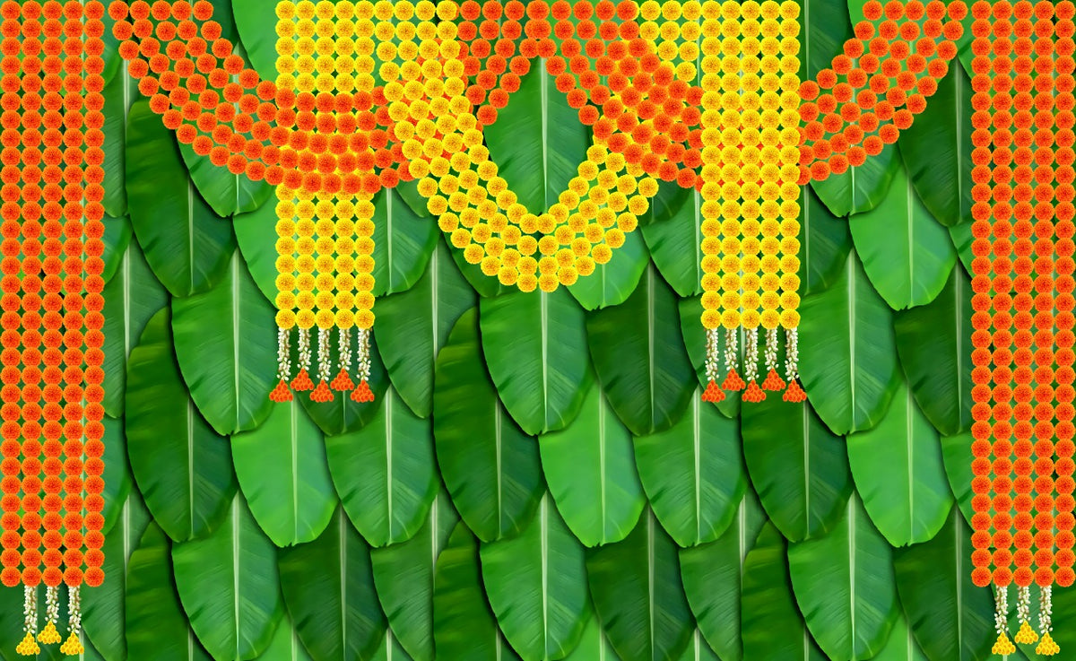 South Indian Backdrop: Texture of Banana Leaf with Toran of Flowers