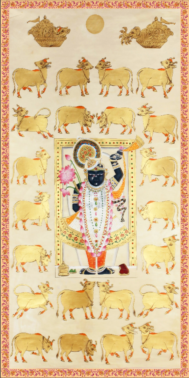 Shreenathji Backdrop with the detailing of Frame and Cows