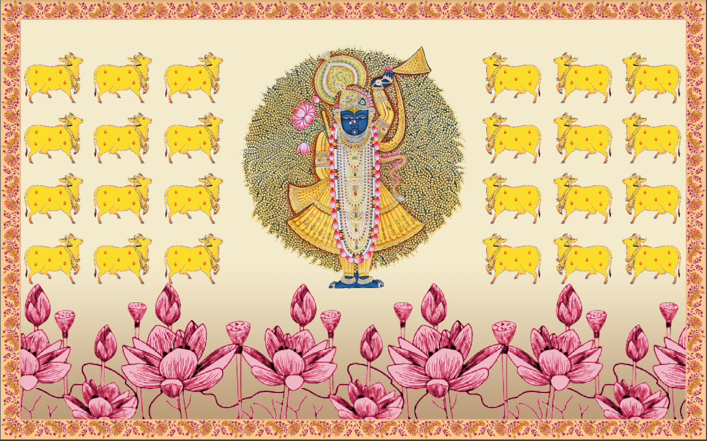 Shreenathji Backdrop with detailing of Cow and Lotus flower