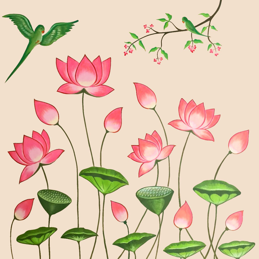 Lotus and Parrot Pichwai Backdrop