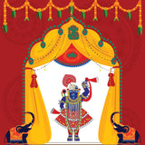 Shreenathji Backdrop with the texture of welcoming Curtains and Elephants.