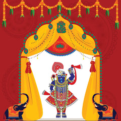 Shreenathji Backdrop with the texture of welcoming Curtains and Elephants.