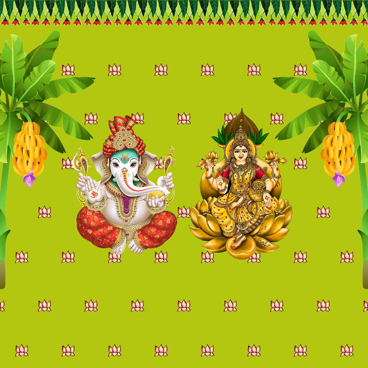A bright Green colored backdrop of Ganesha and Laxmiji