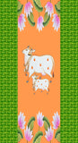 A backdrop of a Pichwai Cow with a border print of a Lotus and greenery.