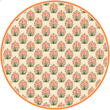 A pretty peachy-floral table cover.