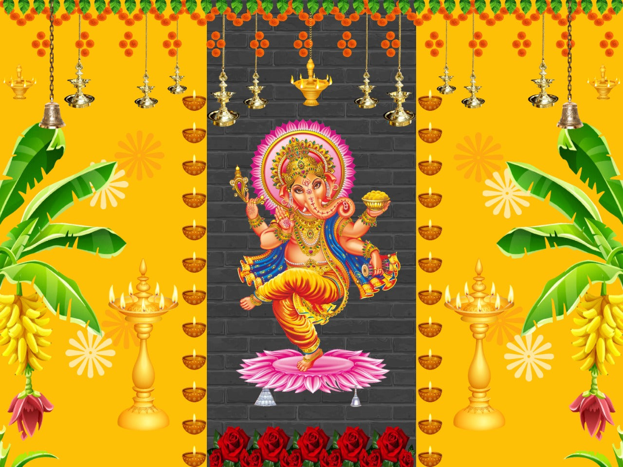 A classical Ganpati backdrop with motifs drawn like temples.