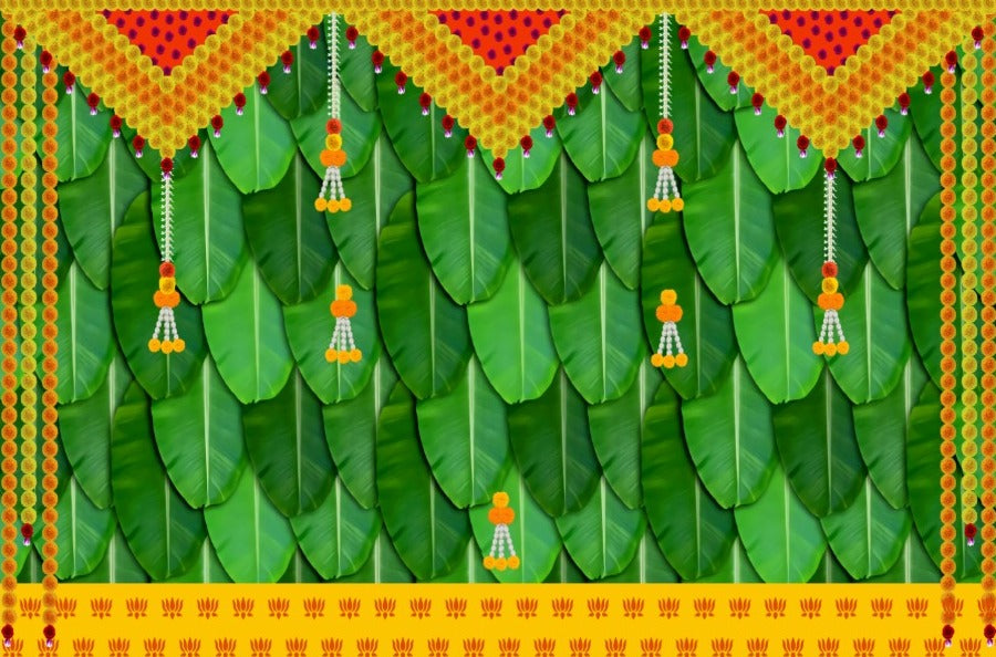 A Backdrop with floral accents and banana leaves as such background.