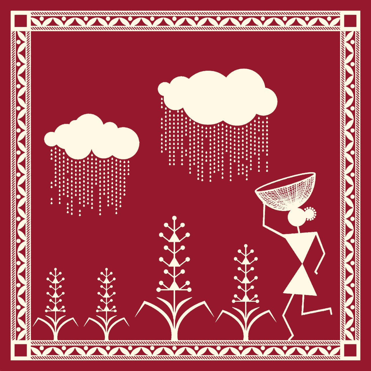 A Warli backdrop with red and white hues.