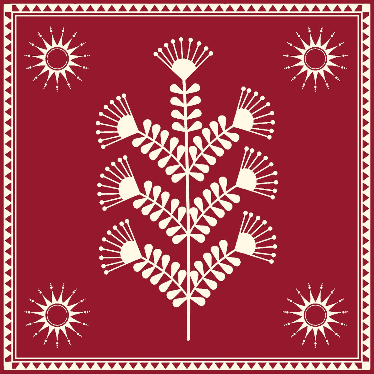 Warli Tribal Art print with maroon and white satin backdrop.