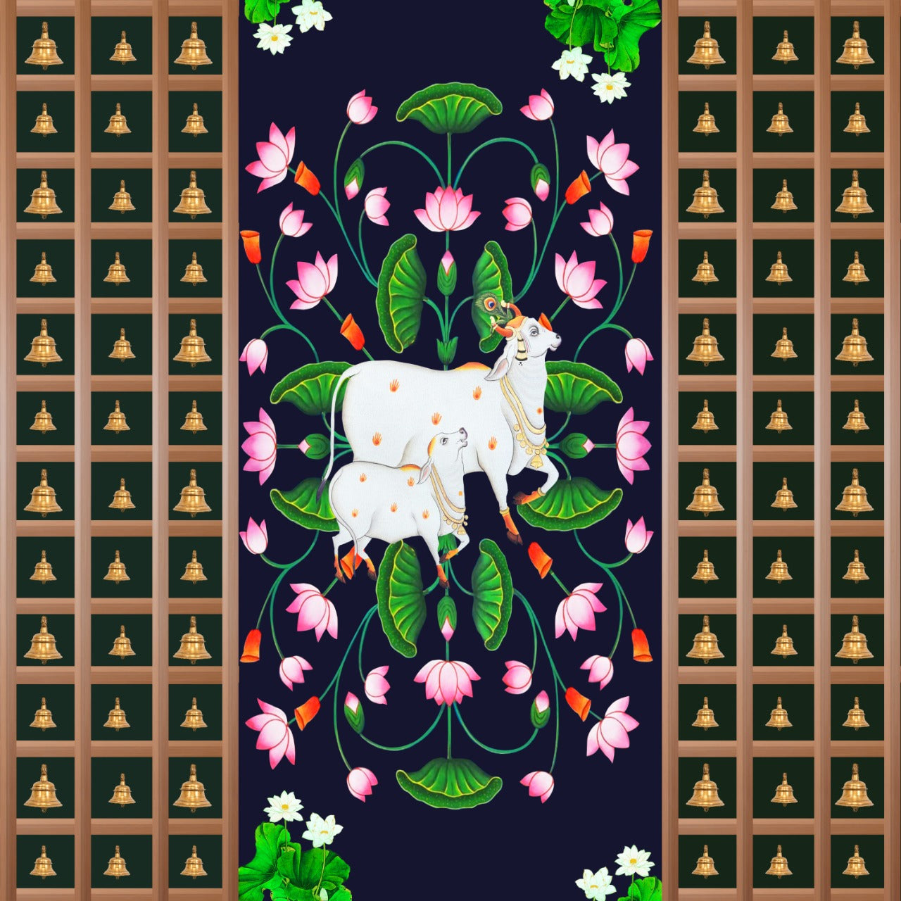 Lotus Pichwai art of Cow and Calf Backdrop