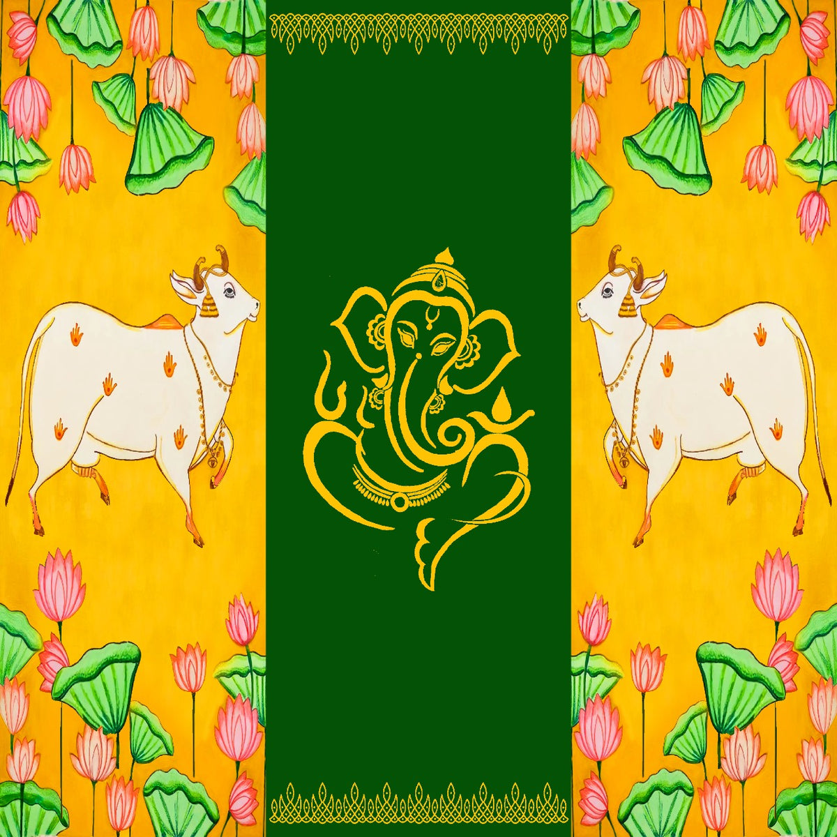 A Indian Pichwai backdrop of Ganesha & Cow