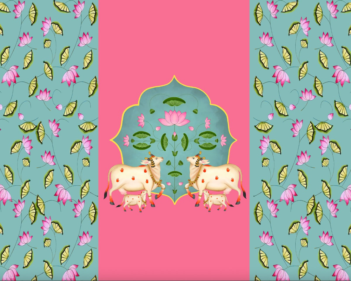 A very colorful floral backdrop of Pichwai cow